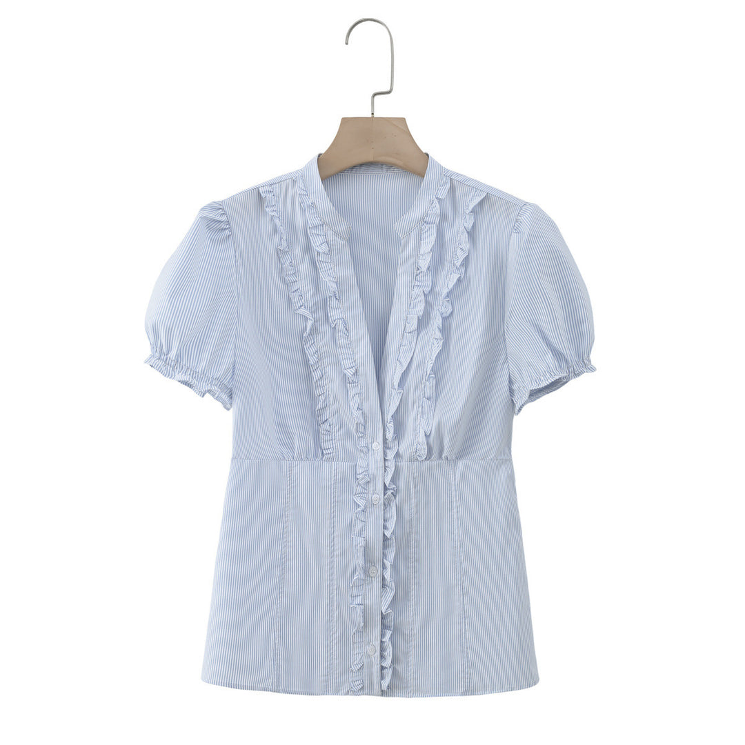 Dame ruffled shirt with elegant V-neck and fitted silhouette Mirla-Eva Jonsson