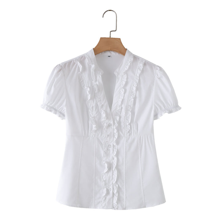 Dame ruffled shirt with elegant V-neck and fitted silhouette Mirla-Eva Jonsson