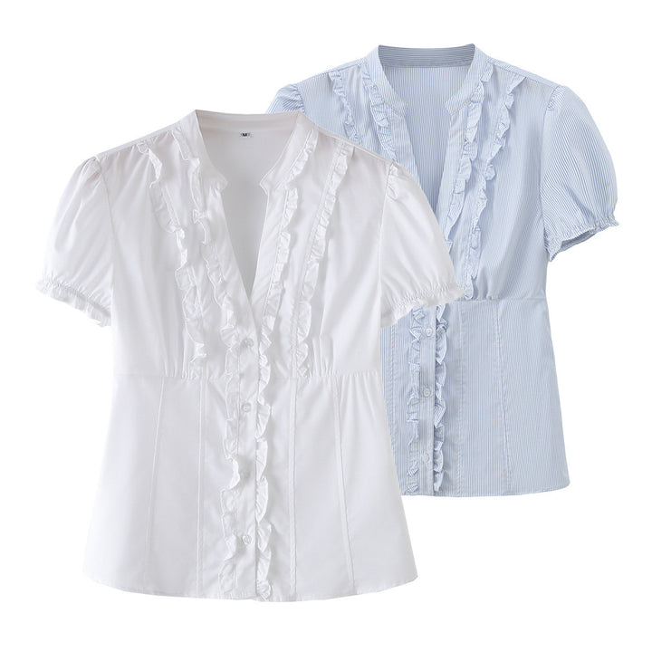 Dame ruffled shirt with elegant V-neck and fitted silhouette Mirla-Eva Jonsson