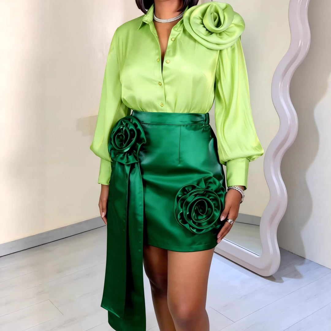 Dame satin skirt with floral ruffle design and fitted bow Mirla-Eva Jonsson