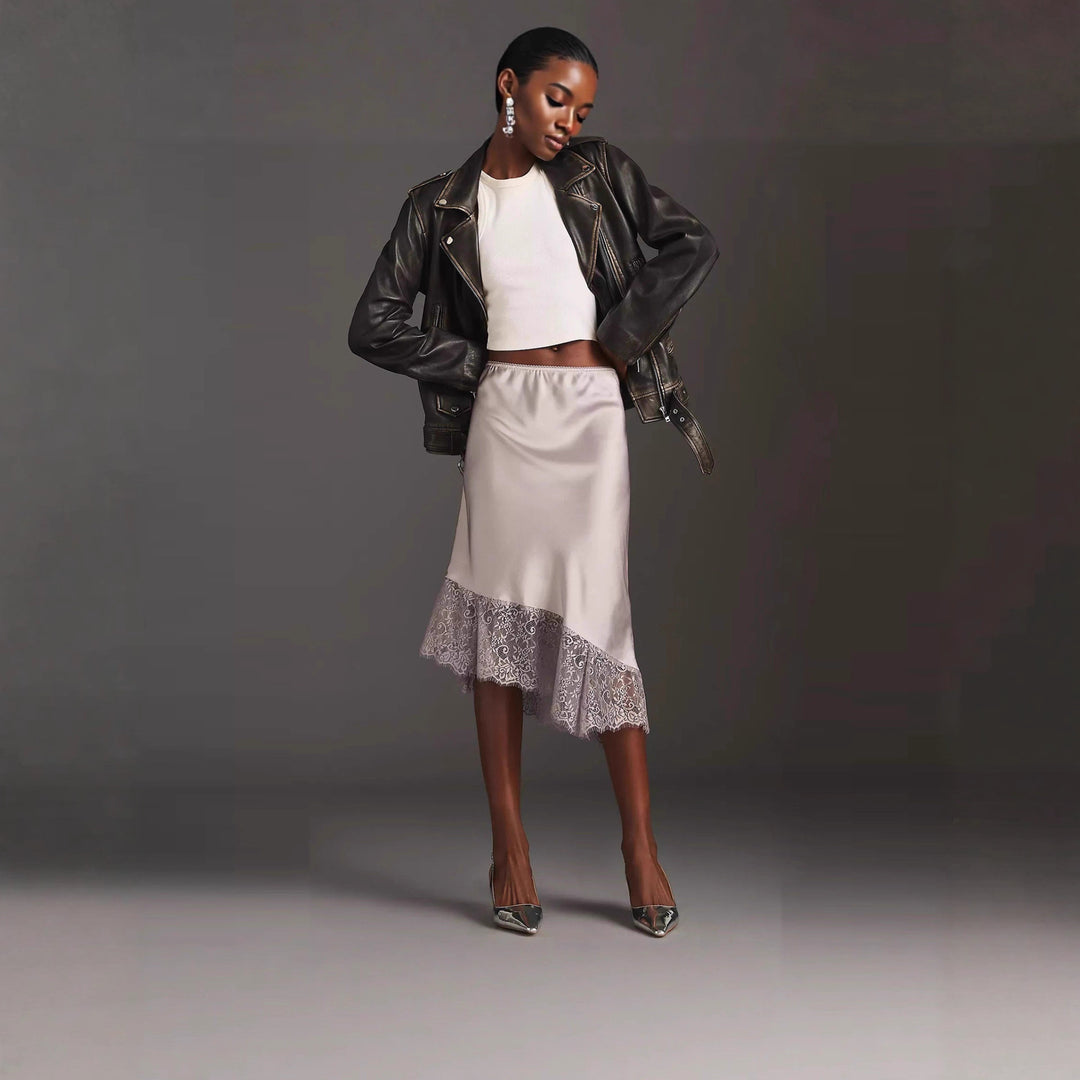 Dame satin skirt with lace and asymmetric hem Mirla-Eva Jonsson