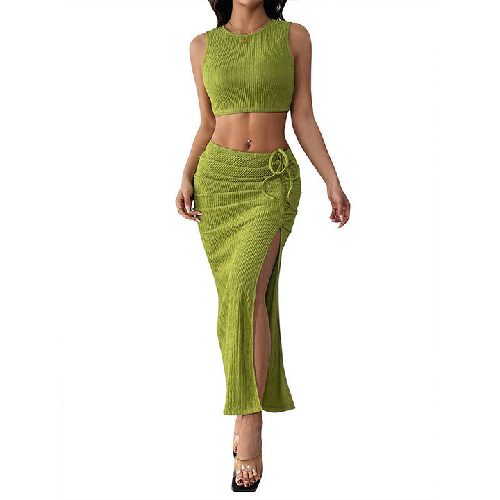 Dame set av crop-top och maxikjol med raffinerade volanger och sidenslits Mirla-Eva Jonsson