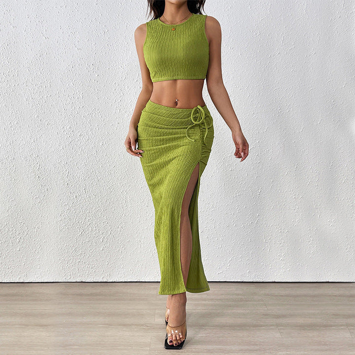 Dame set av crop-top och maxikjol med raffinerade volanger och sidenslits Mirla-Eva Jonsson
