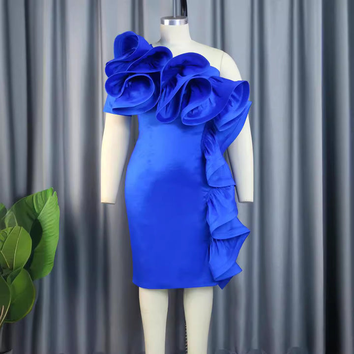 Dame sheath dress with voluminous ruffles and asymmetric design Mirla-Eva Jonsson