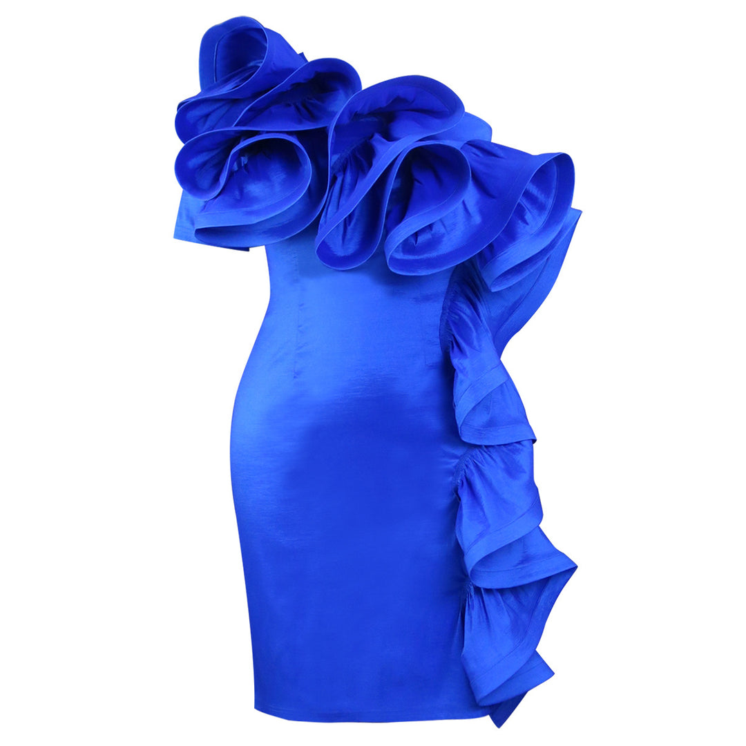 Dame sheath dress with voluminous ruffles and asymmetric design Mirla-Eva Jonsson