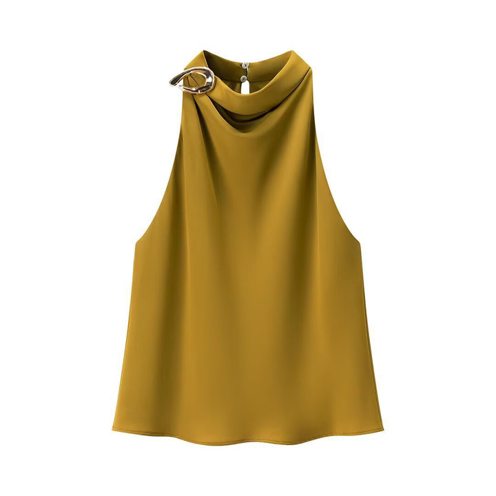 Dame sidenbluse med asymmetrisk krage og dekorativ ring Mirla-Eva Jonsson