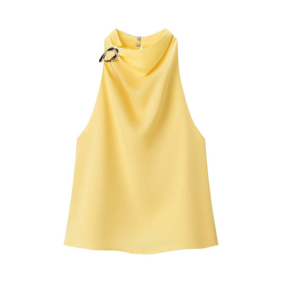 Dame sidenbluse med asymmetrisk krage og dekorativ ring Mirla-Eva Jonsson