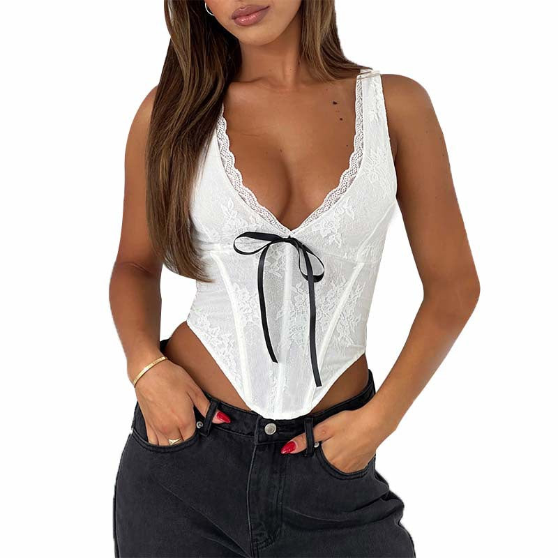 Dame spets-bustier med elegant V-hals och dekorativt snördetalj Mirla-Eva Jonsson