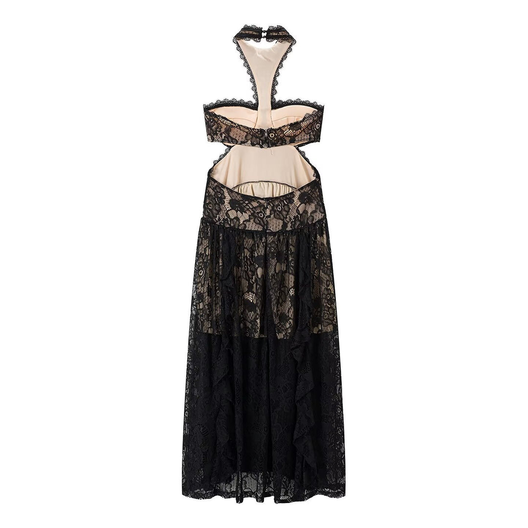 Dame spetsmaxikjol med raffinerade volangdetaljer och elegant halterneck Mirla-Eva Jonsson