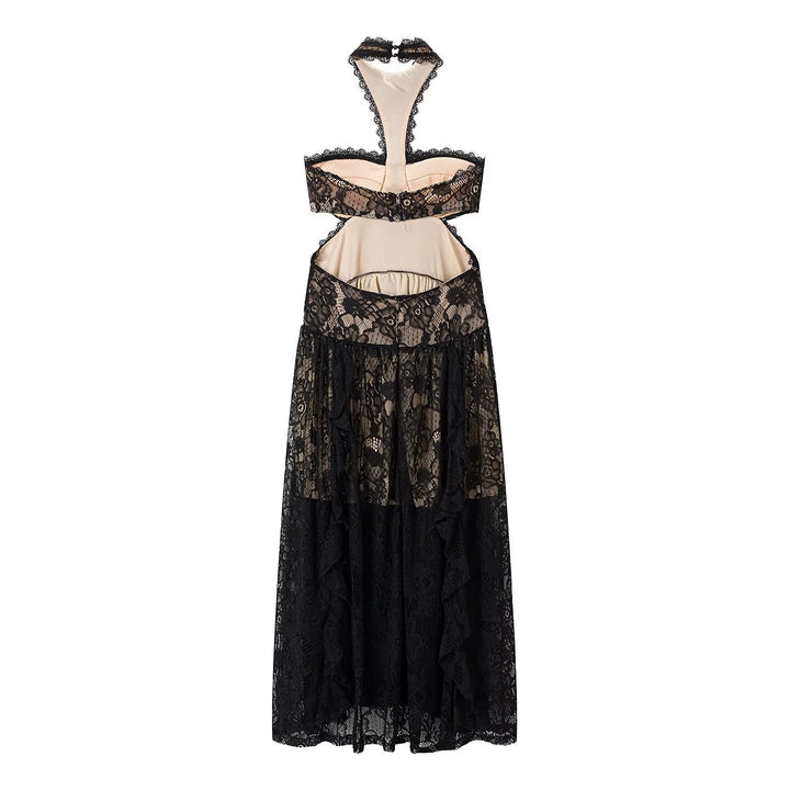 Dame spetsmaxikjol med raffinerade volangdetaljer och elegant halterneck Mirla-Eva Jonsson