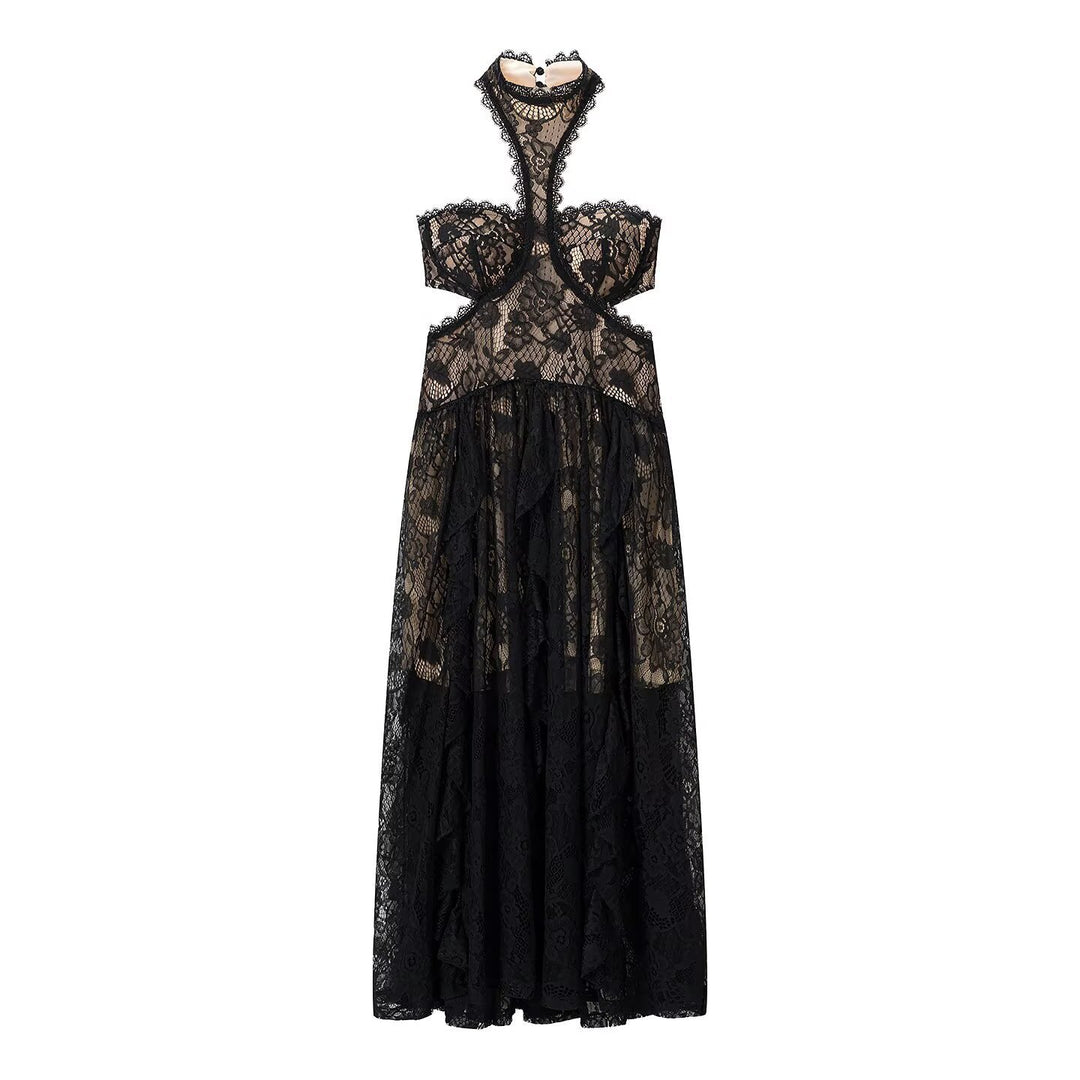 Dame spetsmaxikjol med raffinerade volangdetaljer och elegant halterneck Mirla-Eva Jonsson