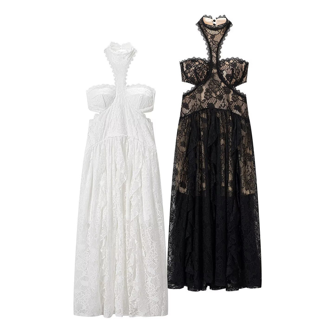 Dame spetsmaxikjol med raffinerade volangdetaljer och elegant halterneck Mirla-Eva Jonsson