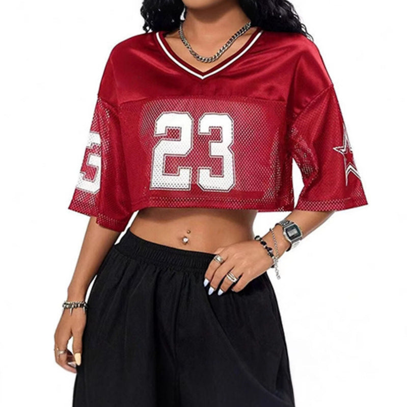 Dame sportig crop-top i andningsbart mesh-material med nummer CD-Mirla-Eva Jonsson
