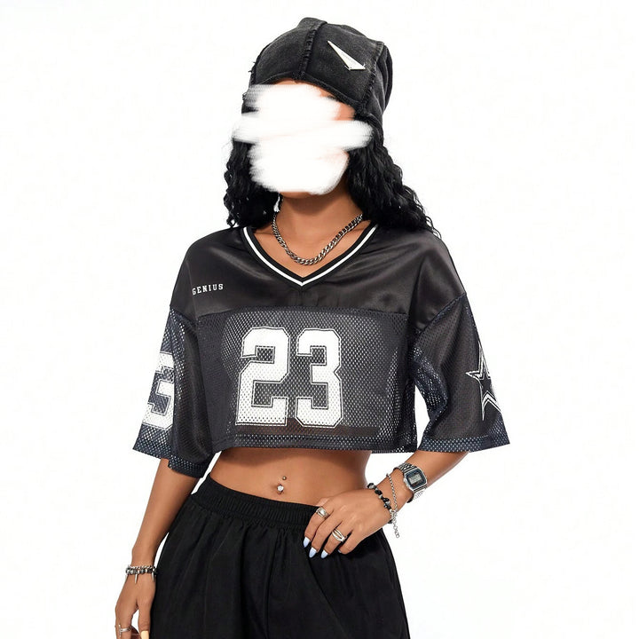 Dame sportig crop-top i andningsbart mesh-material med nummer CD-Mirla-Eva Jonsson