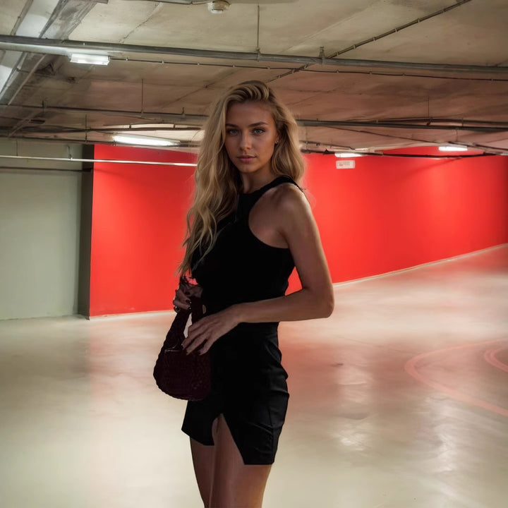 Dame sporty mini-dress med djup slit och asymmetrisk design Mirla-Eva Jonsson