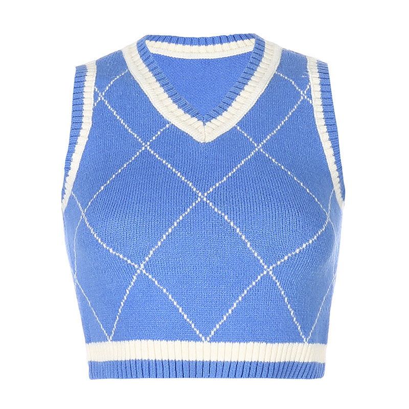 Dame stickad Crop-Top med rombmönster och V-ringning Mirla-Eva Jonsson