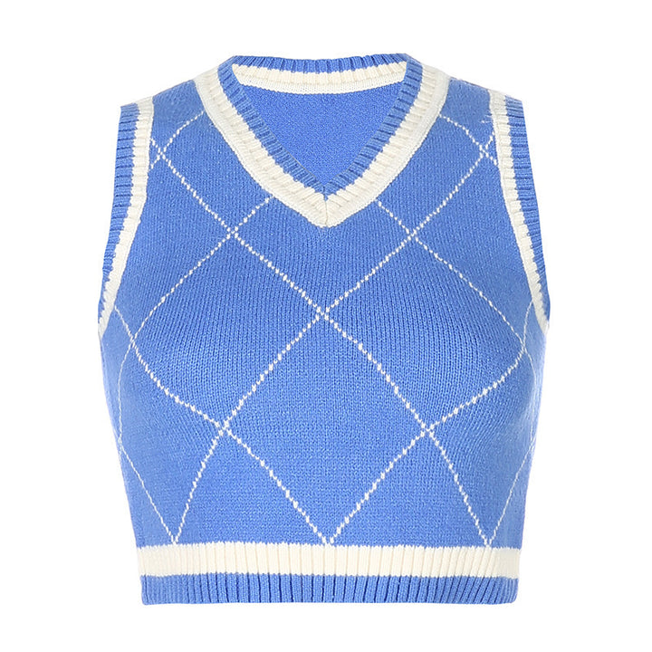 Dame stickad Crop-Top med rombmönster och V-ringning Mirla-Eva Jonsson