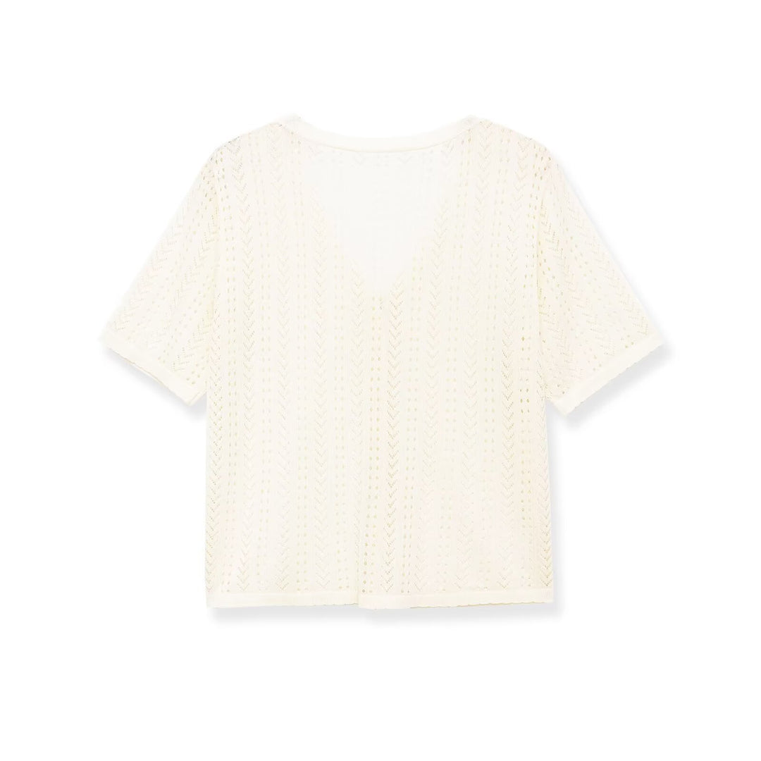 Dame stickad crop-top med V-hals och knapplist Mirla-Eva Jonsson