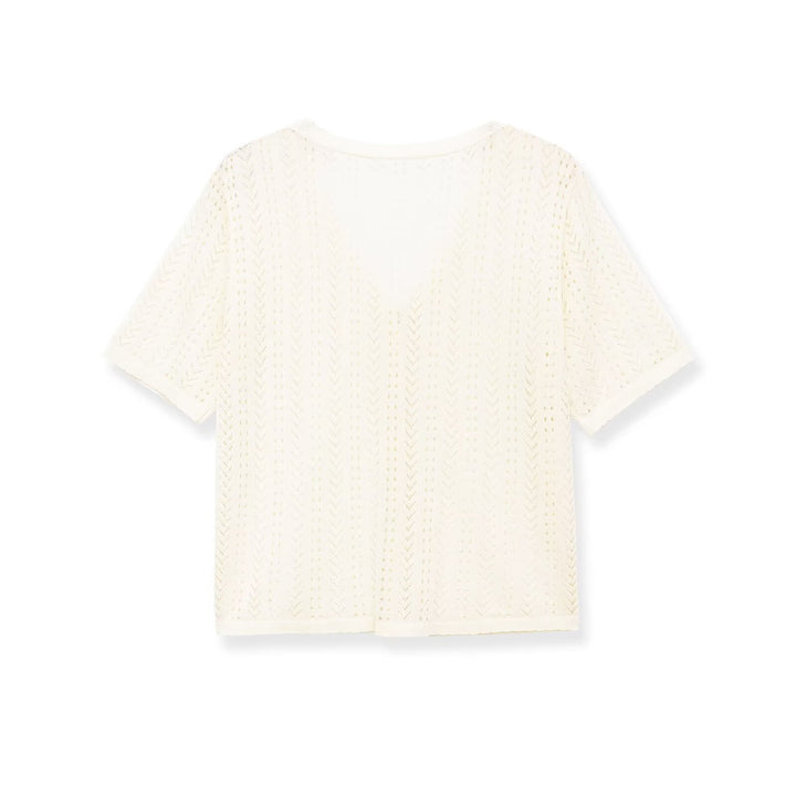 Dame stickad crop-top med V-hals och knapplist Mirla-Eva Jonsson