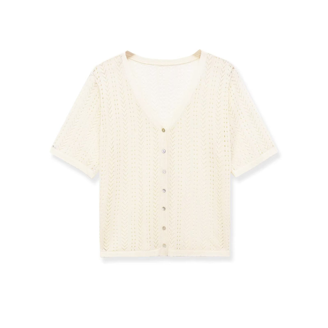 Dame stickad crop-top med V-hals och knapplist Mirla-Eva Jonsson