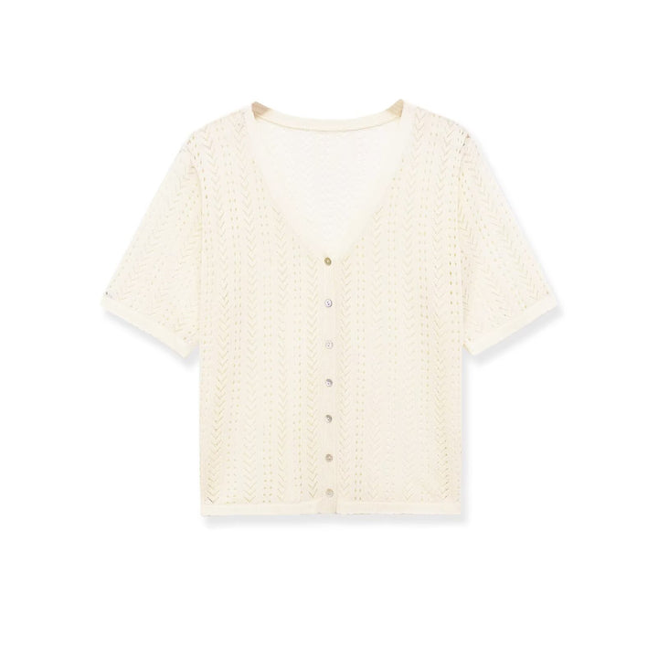 Dame stickad crop-top med V-hals och knapplist Mirla-Eva Jonsson