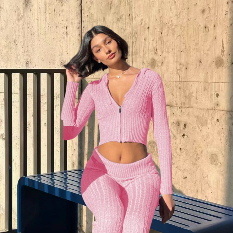 Dame stickad outfit med dragkedja och vida ben Mirla-Eva Jonsson
