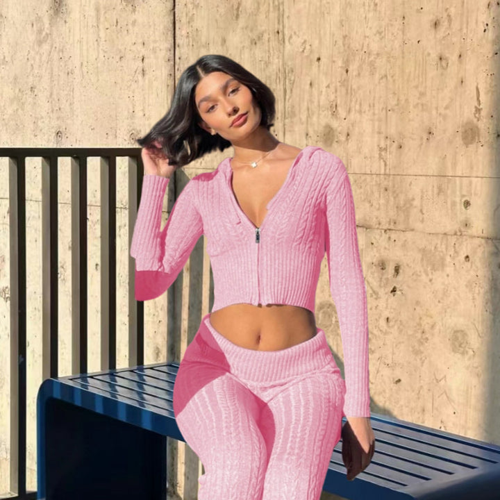 Dame stickad outfit med dragkedja och vida ben Mirla-Eva Jonsson