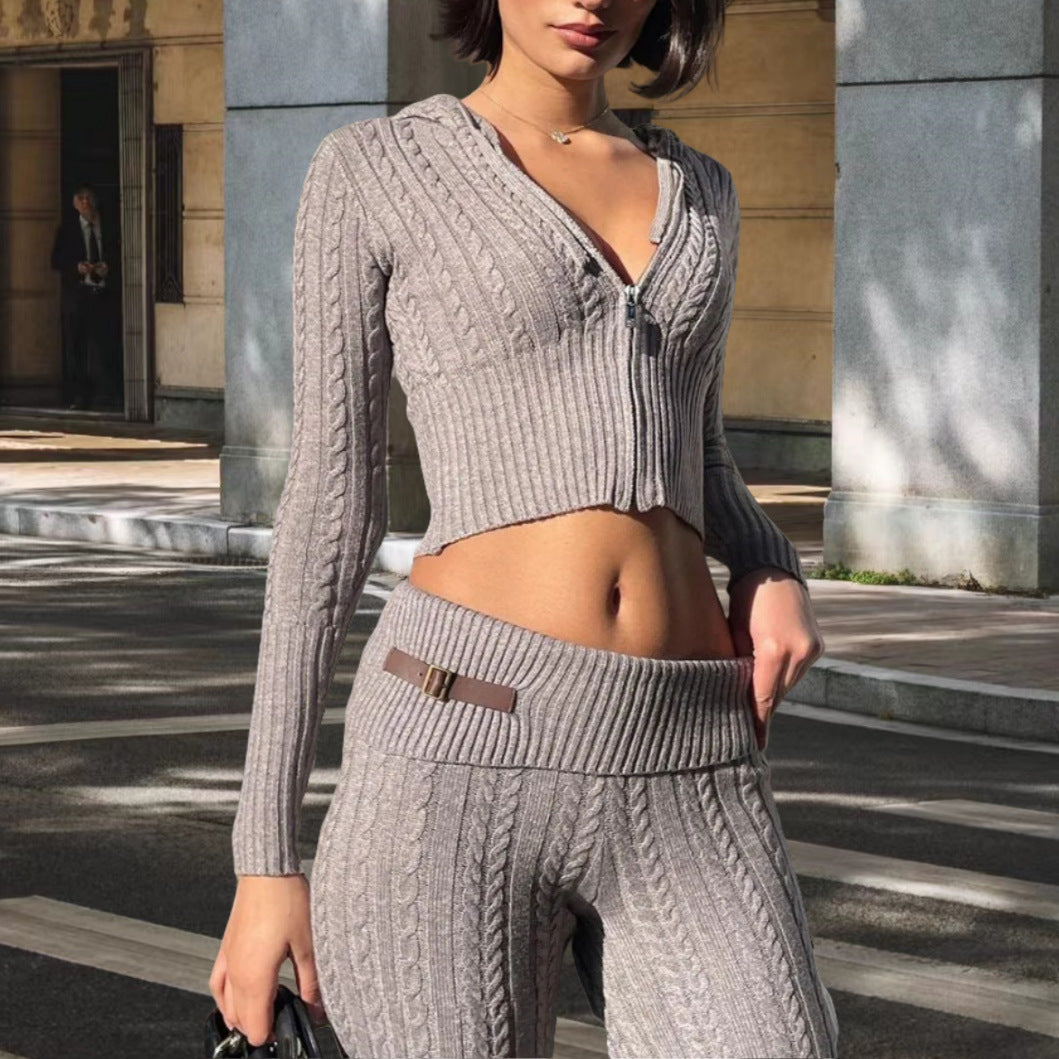 Dame stickad outfit med dragkedja och vida ben Mirla-Eva Jonsson