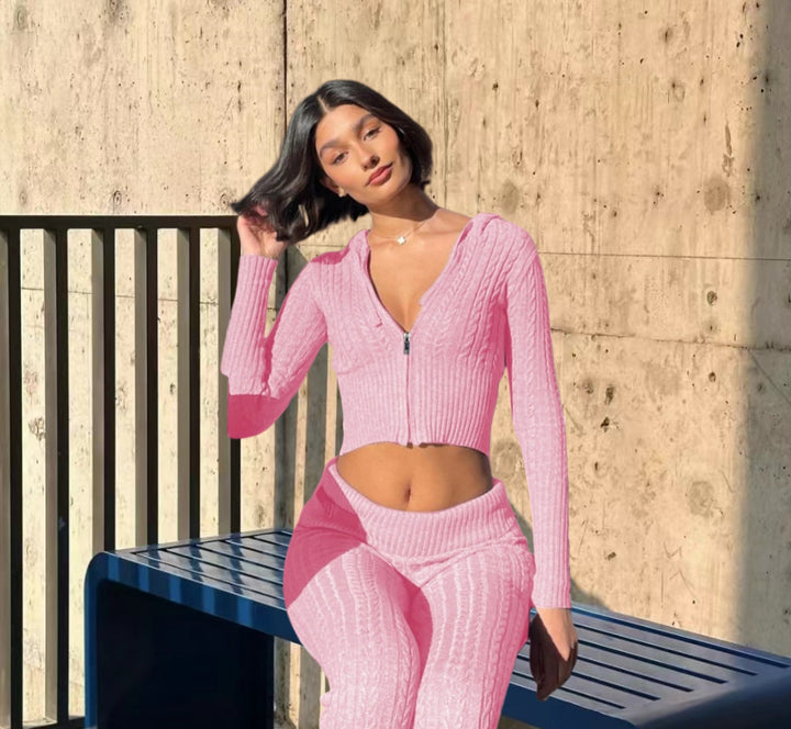 Dame stickad outfit med dragkedja och vida ben Mirla-Eva Jonsson