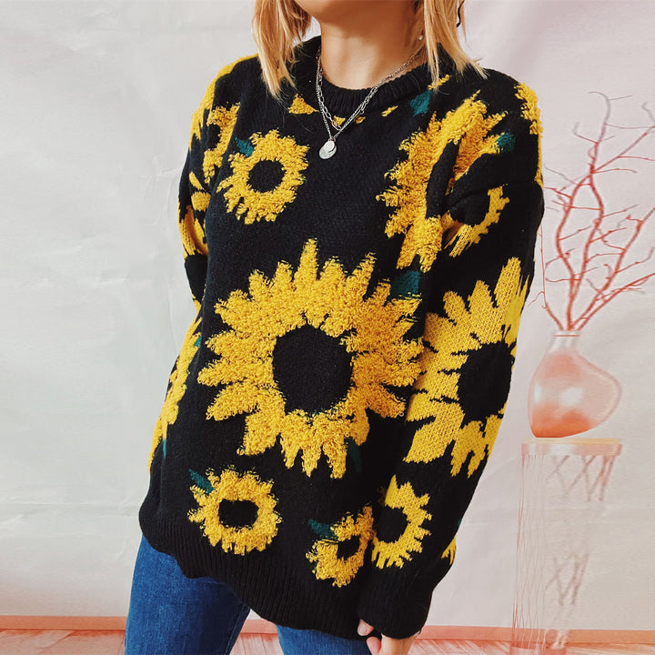 Dame stickad tröja med blommönster och oversize-snitt Mirla-Eva Jonsson