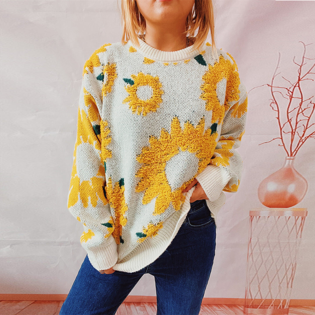 Dame stickad tröja med blommönster och oversize-snitt Mirla-Eva Jonsson