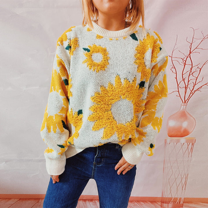 Dame stickad tröja med blommönster och oversize-snitt Mirla-Eva Jonsson