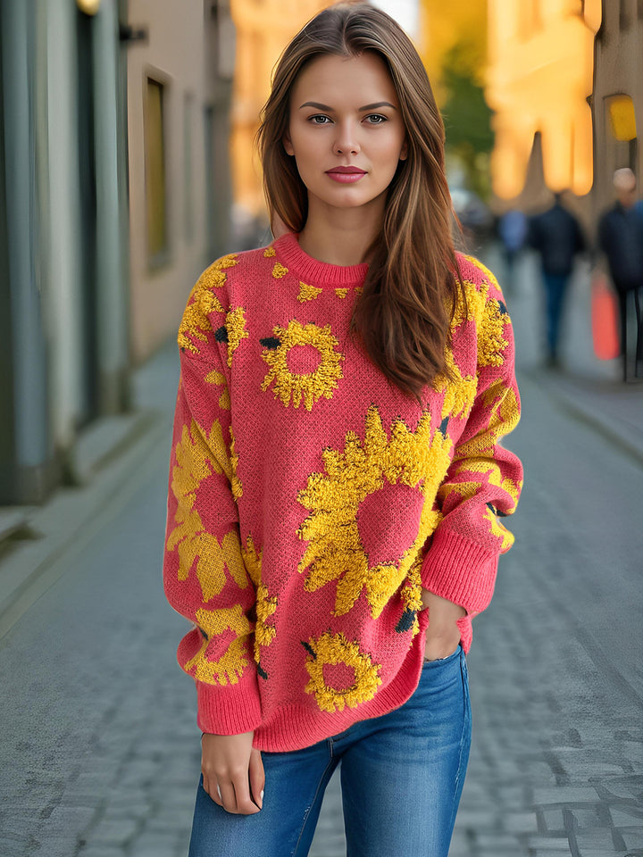 Dame stickad tröja med blommönster och oversize-snitt Mirla-Eva Jonsson