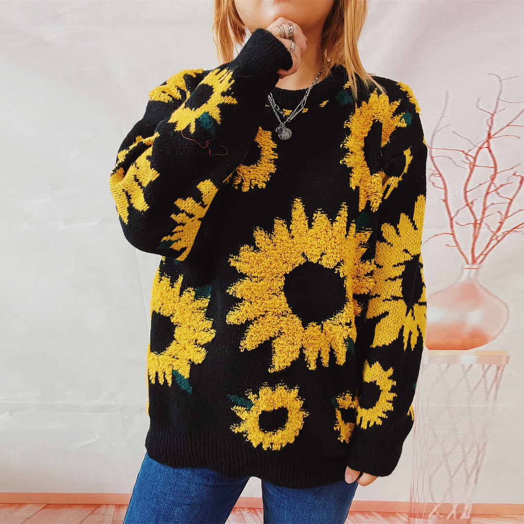 Dame stickad tröja med blommönster och oversize-snitt Mirla-Eva Jonsson