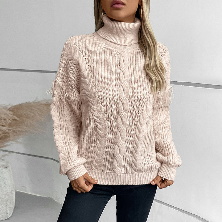 Dame stickad tröja med hög krage och flätmönster Mirla-Eva Jonsson