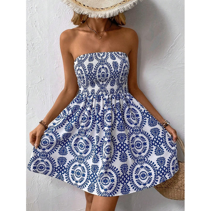 Dame strapless sommarklänning med elastisk midja och blommönster Mirla-Eva Jonsson