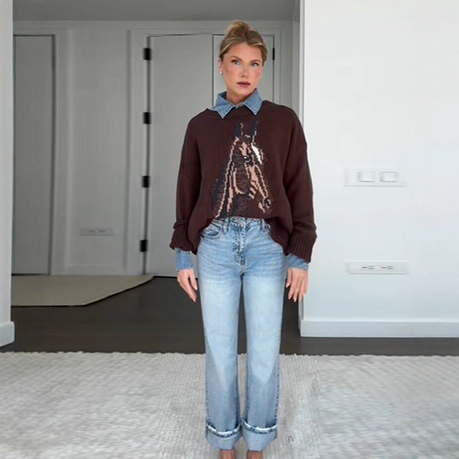 Dame sweatshirt med konstnärlig djurmotiv och avslappnad passform Mirla-Eva Jonsson