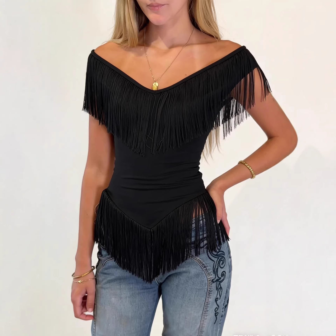 Dame topp med fransig detalj och off-shoulder-design Mirla-Eva Jonsson