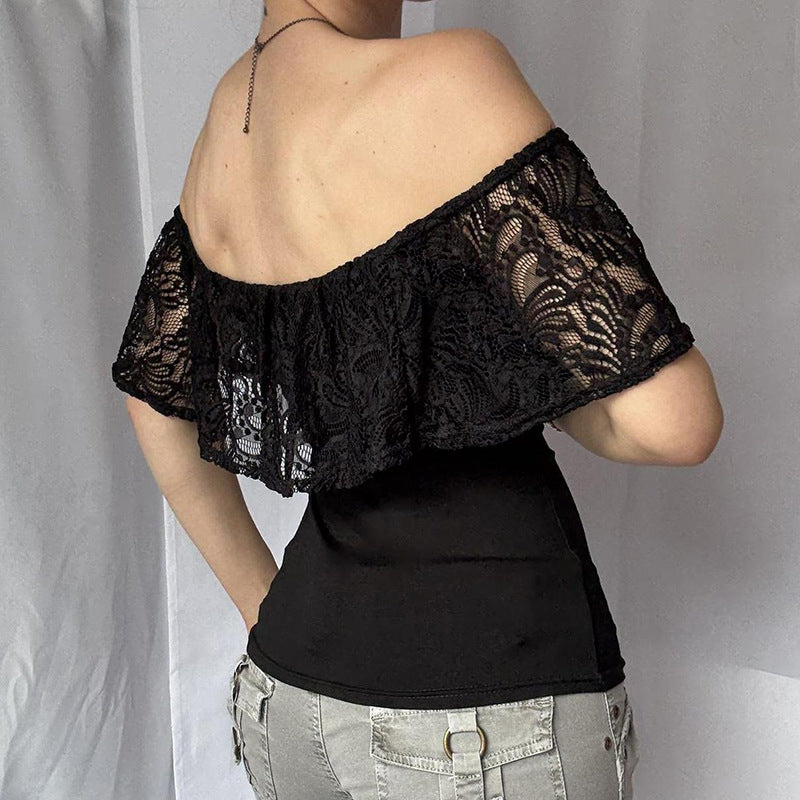 Dame topp med spetsöverdrag och off-shoulder design Mirla-Eva Jonsson