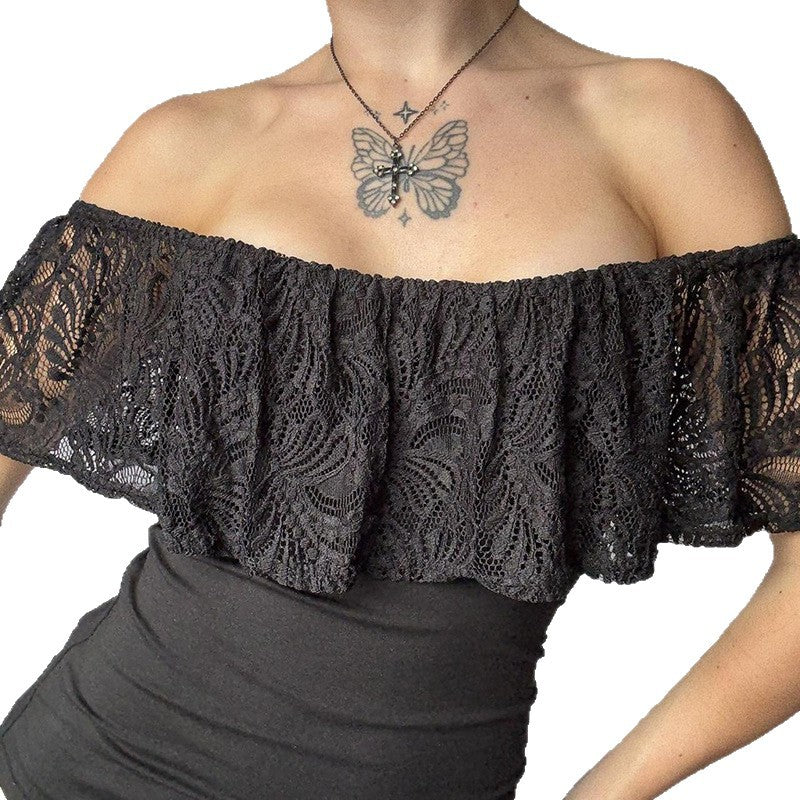 Dame topp med spetsöverdrag och off-shoulder design Mirla-Eva Jonsson