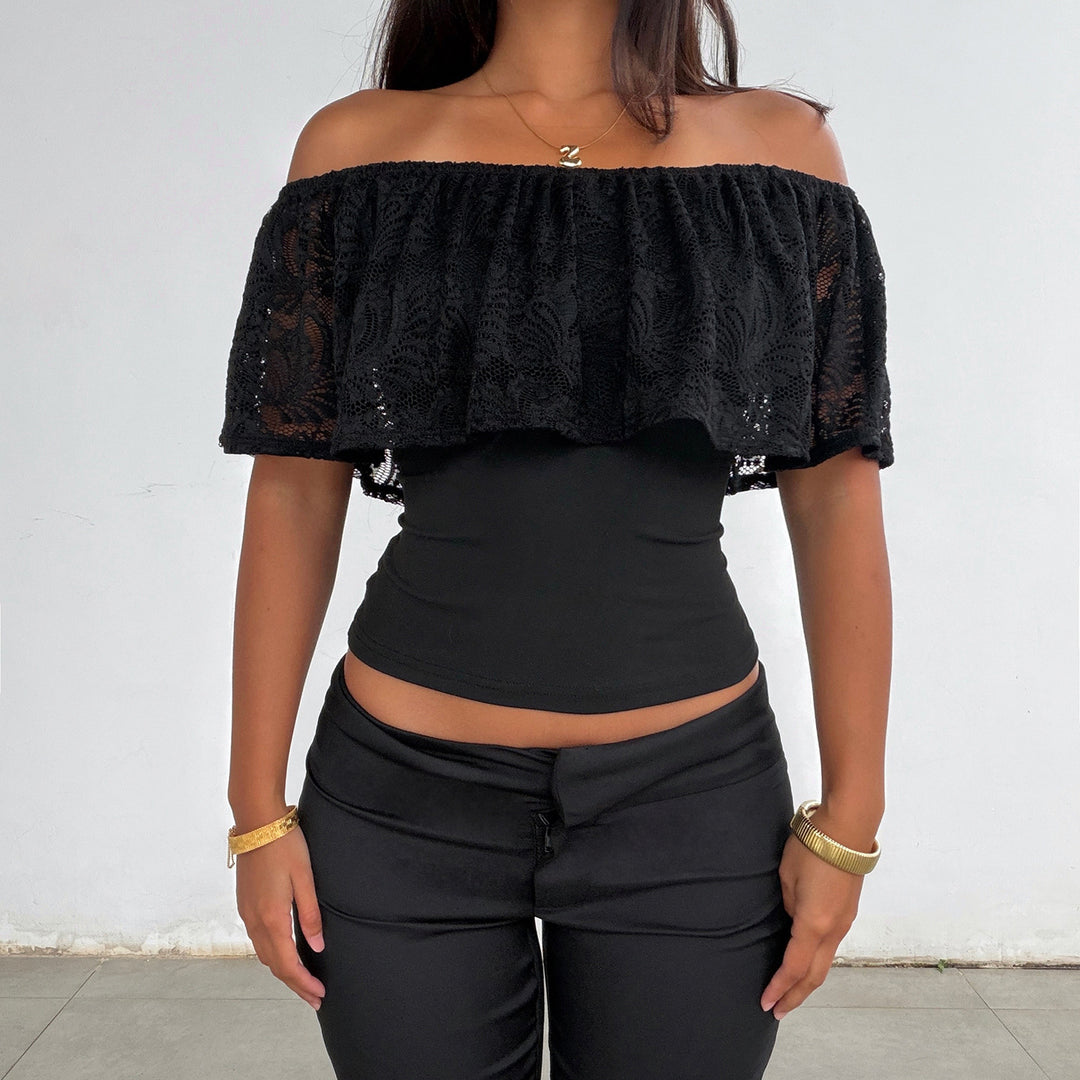 Dame topp med spetsöverdrag och off-shoulder design Mirla-Eva Jonsson