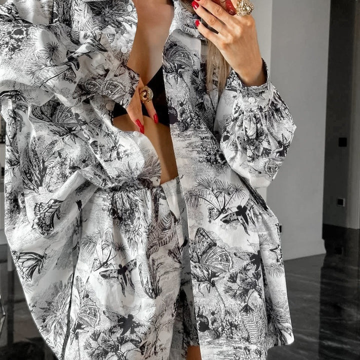 Dame topp och shorts-set med blommönster och lång ärm Eva Jonsson-Eva Jonsson