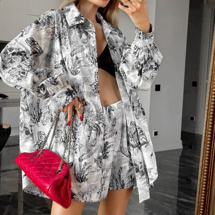Dame topp och shorts-set med blommönster och lång ärm Eva Jonsson-Eva Jonsson