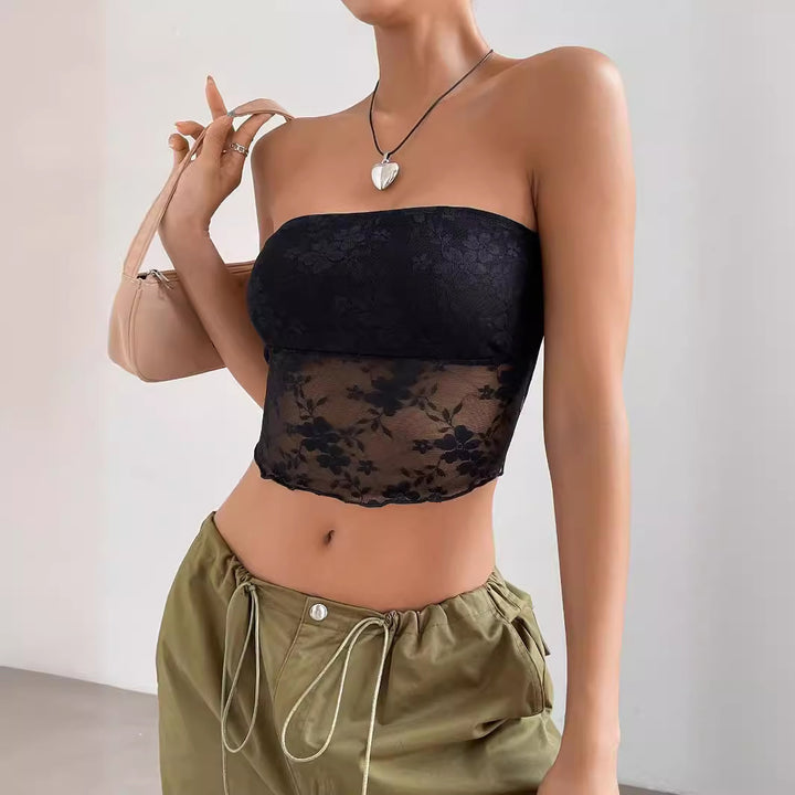 Dame transparent crop-top med blommiga detaljer Mirla-Eva Jonsson