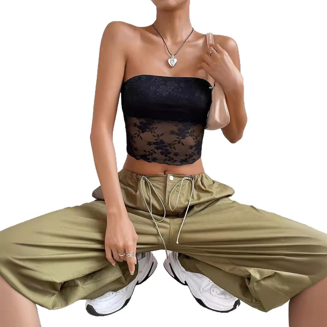 Dame transparent crop-top med blommiga detaljer Mirla-Eva Jonsson