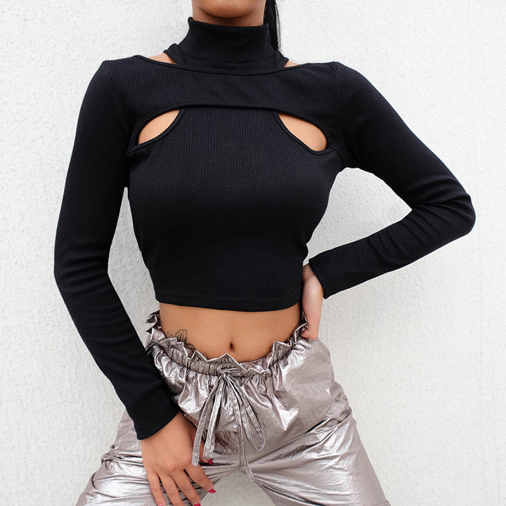 Dame trendy top med cut-outs och hög krage Mirla-Eva Jonsson