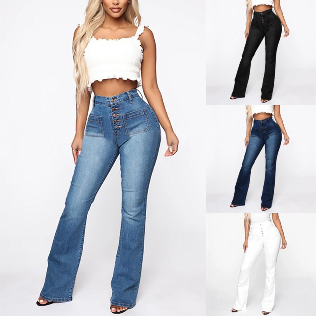 Dame trumpet jeans med hög midja och retro knappdetaljer Mirla-Eva Jonsson