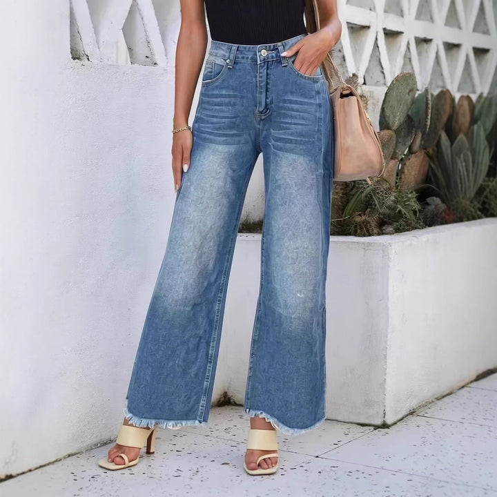 Dame vida Denim jeans med kreativt mönster och fransig nederkant Mirla-Eva Jonsson