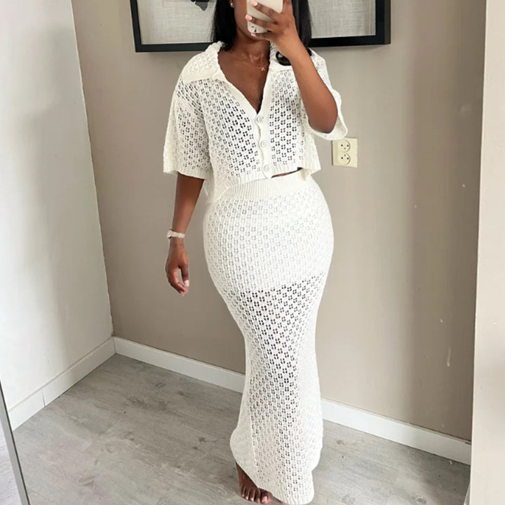 Dame virkad Crop-Top och Maxi-Kjol Set Mirla-Eva Jonsson