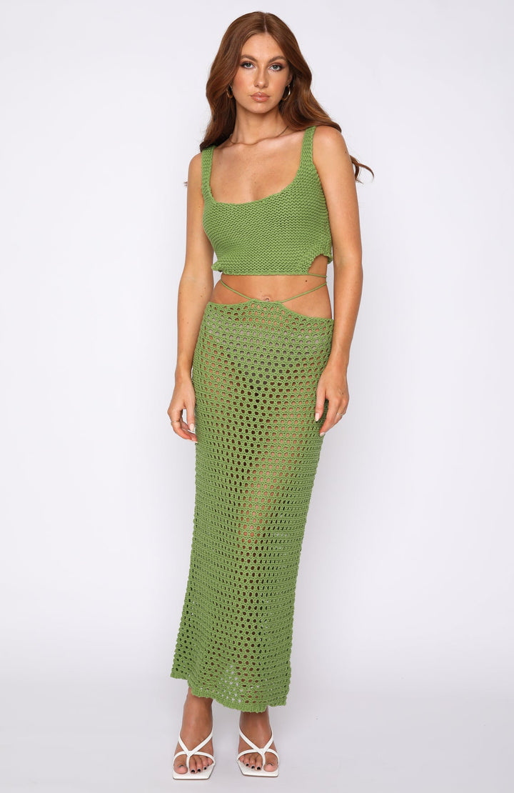 Dame virkad Crop-Top och Maxikjol-set med sidofickor och knytdetaljer Mirla-Eva Jonsson